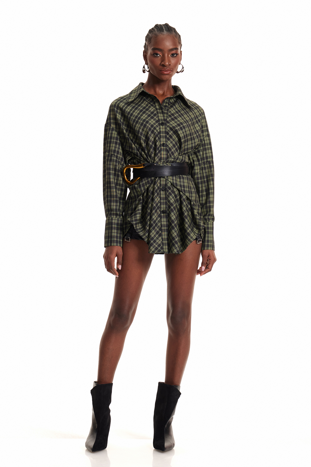 Yamini Grid Buckle Shirt Mini Dress