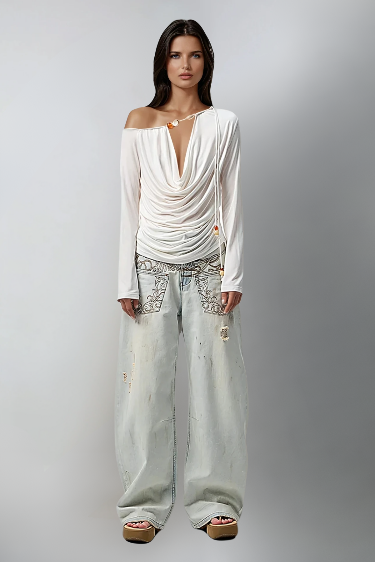 Zain Asymmetric Ruch Cowl Neck Top