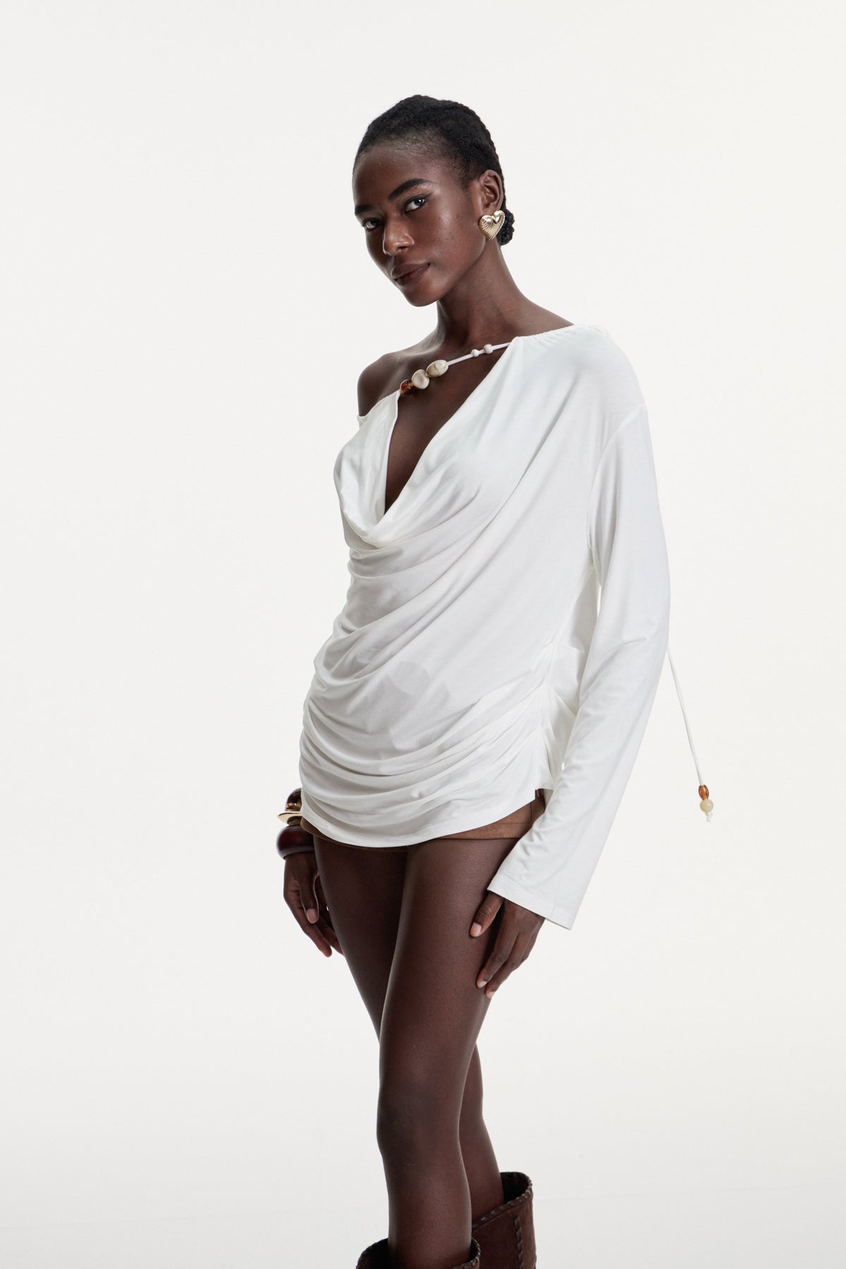 Zain Asymmetric Ruch Cowl Neck Top