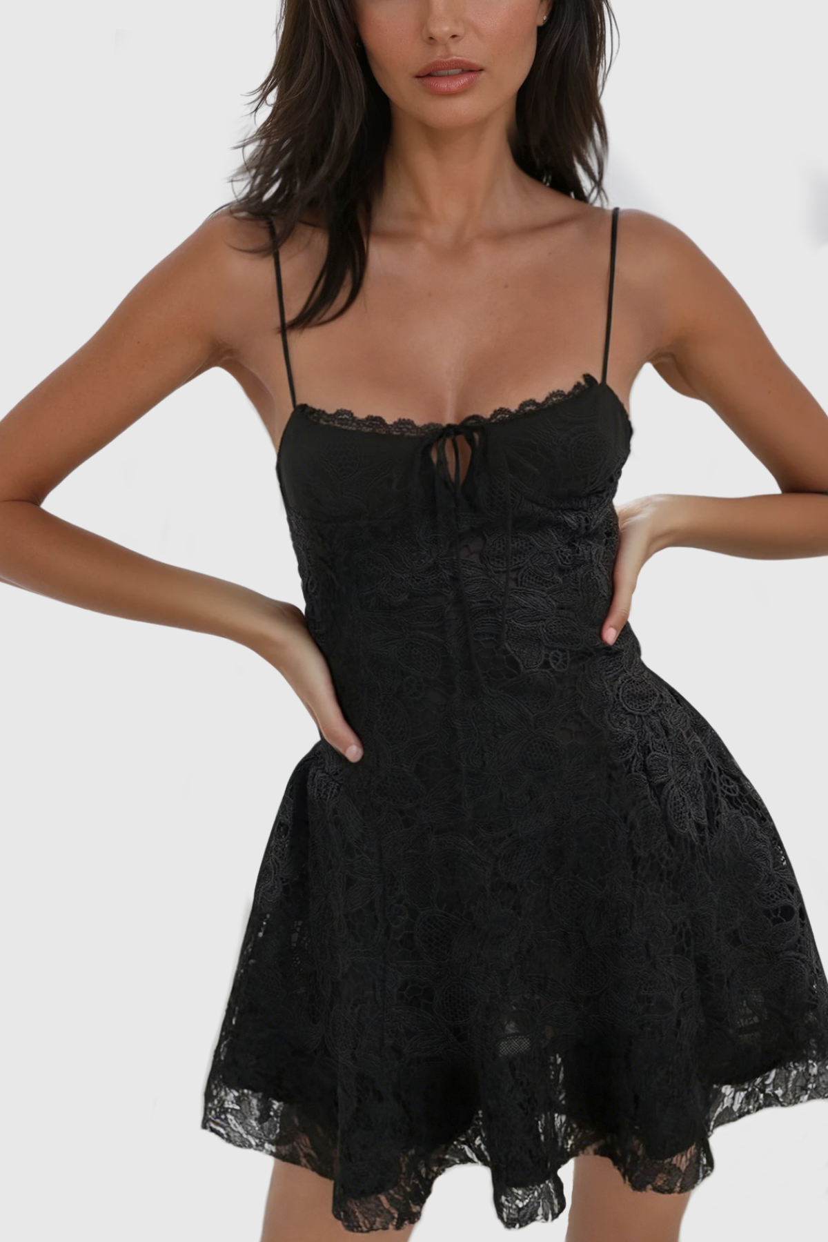 Zamira Spaghetti Lace Mini Dress In Black