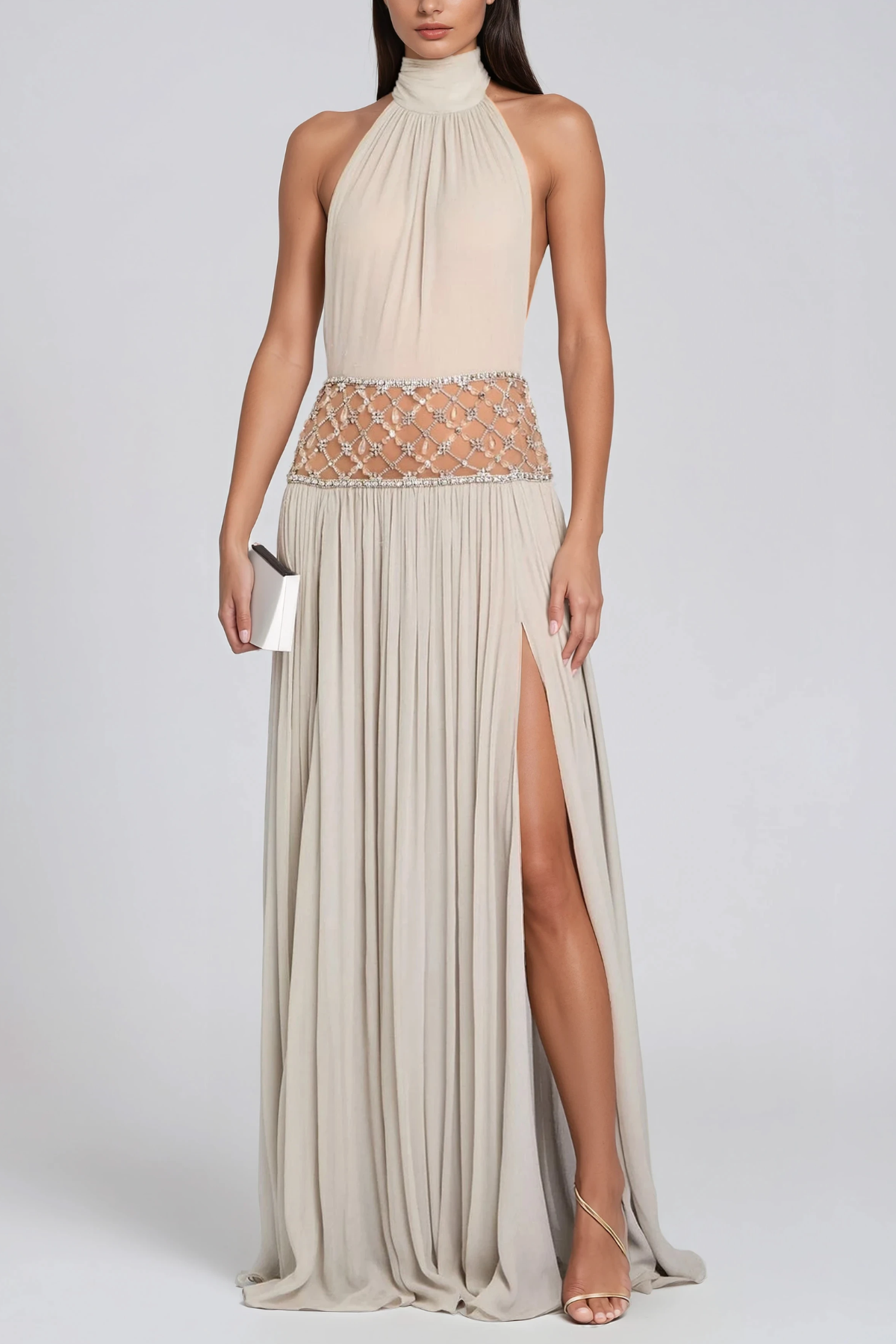 Hani Halterneck Ruched Crystal Split Maxi Dress