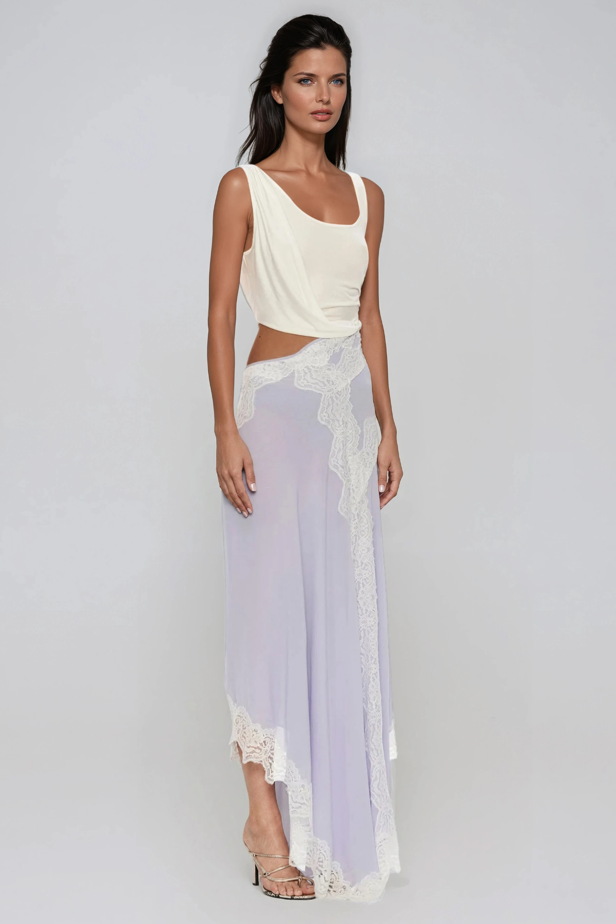Bess Sleeveless Asymmetric Lace Maxi Dress