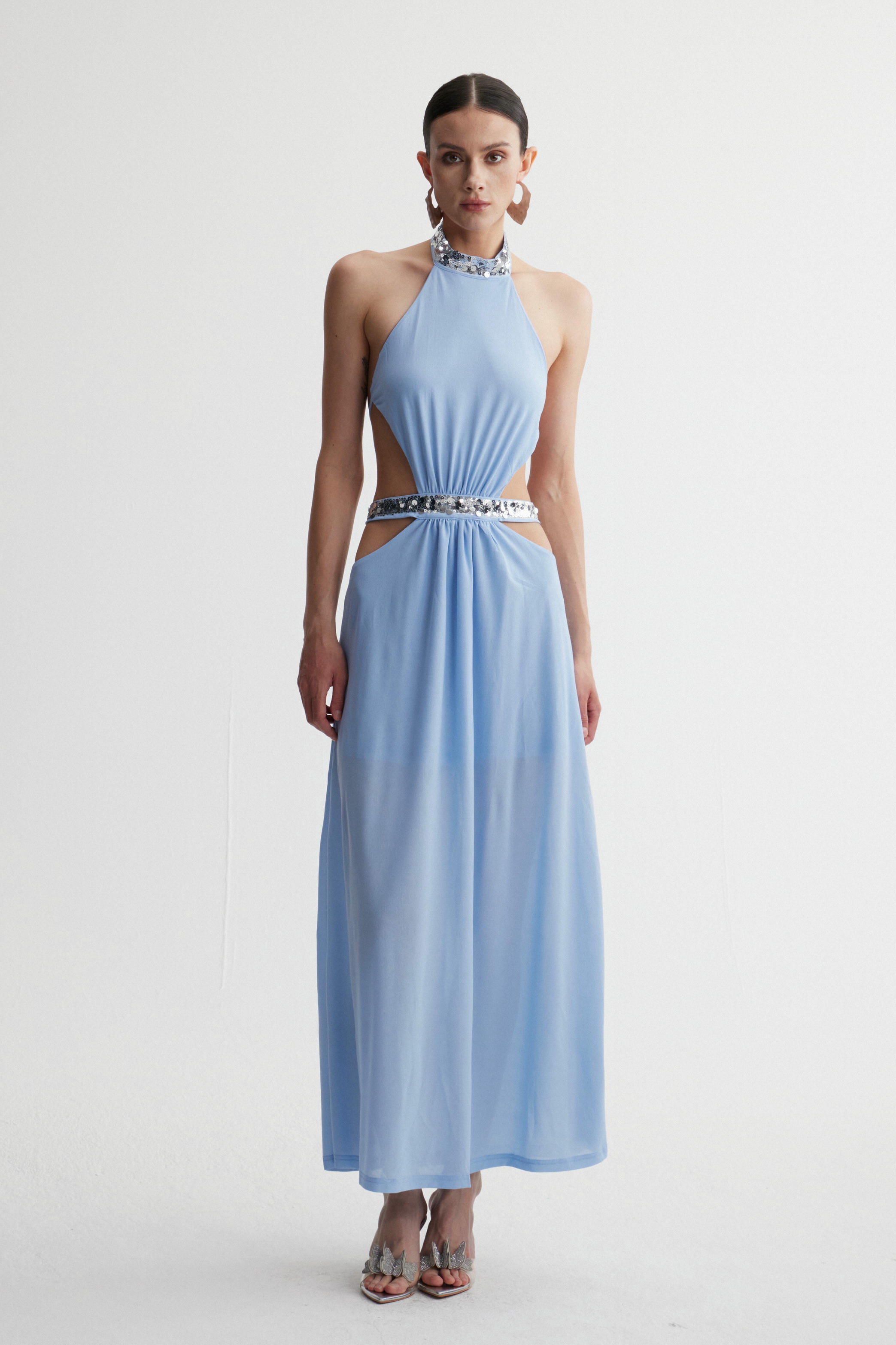 innovare denim dress Innovare Denim Donata Backless Ruch Bodycon Maxi Dress In Yellow, S