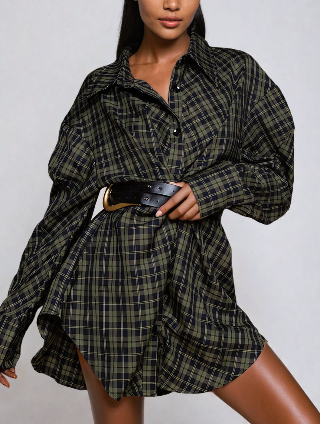 Yamini Grid Buckle Shirt Mini Dress