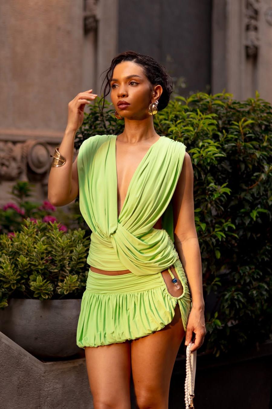 Ceylin Draped Back Plunge Skirt Set