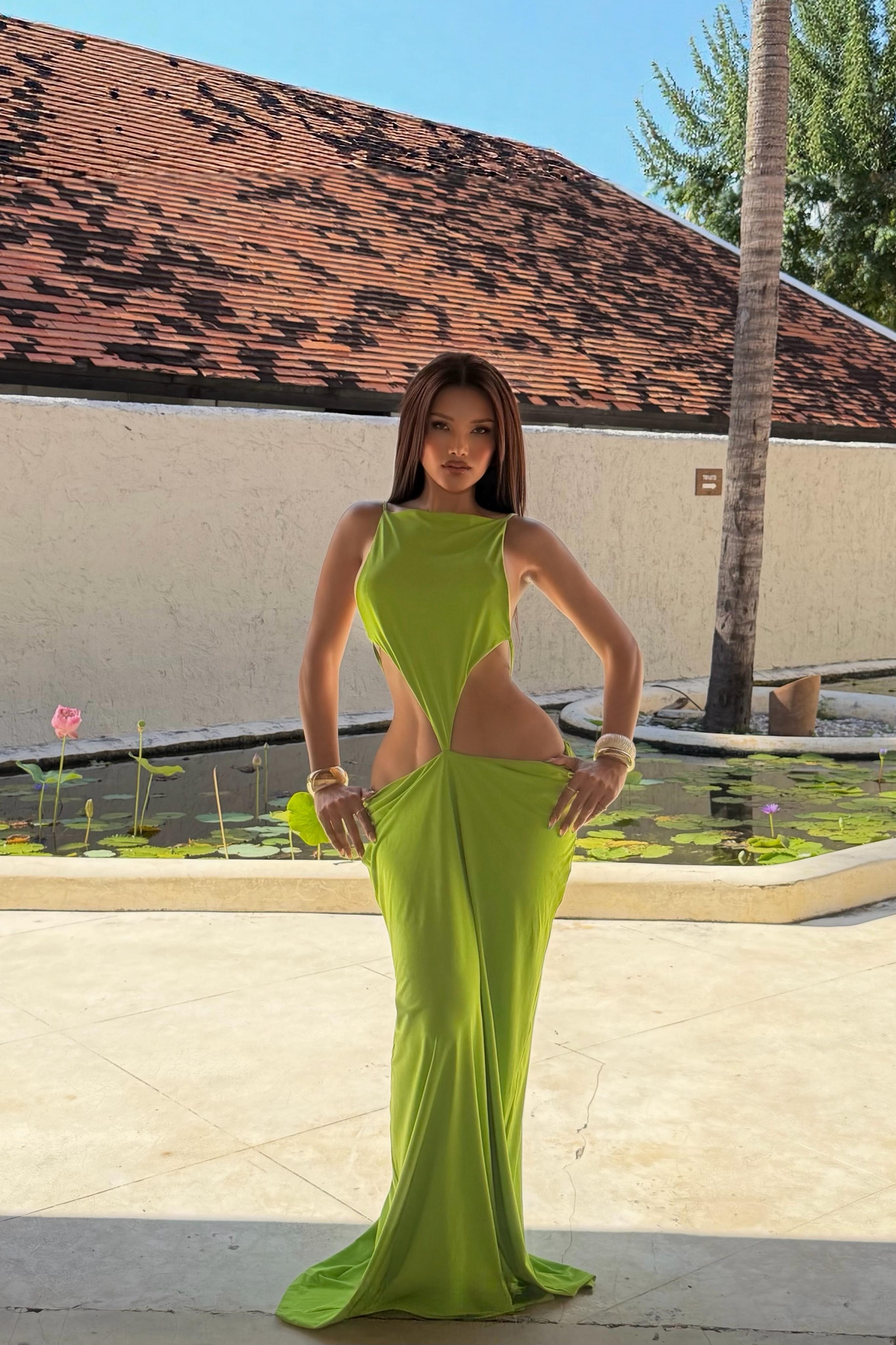 Reinee Backless Cutout Draped Maxi Dress In Chartreuse