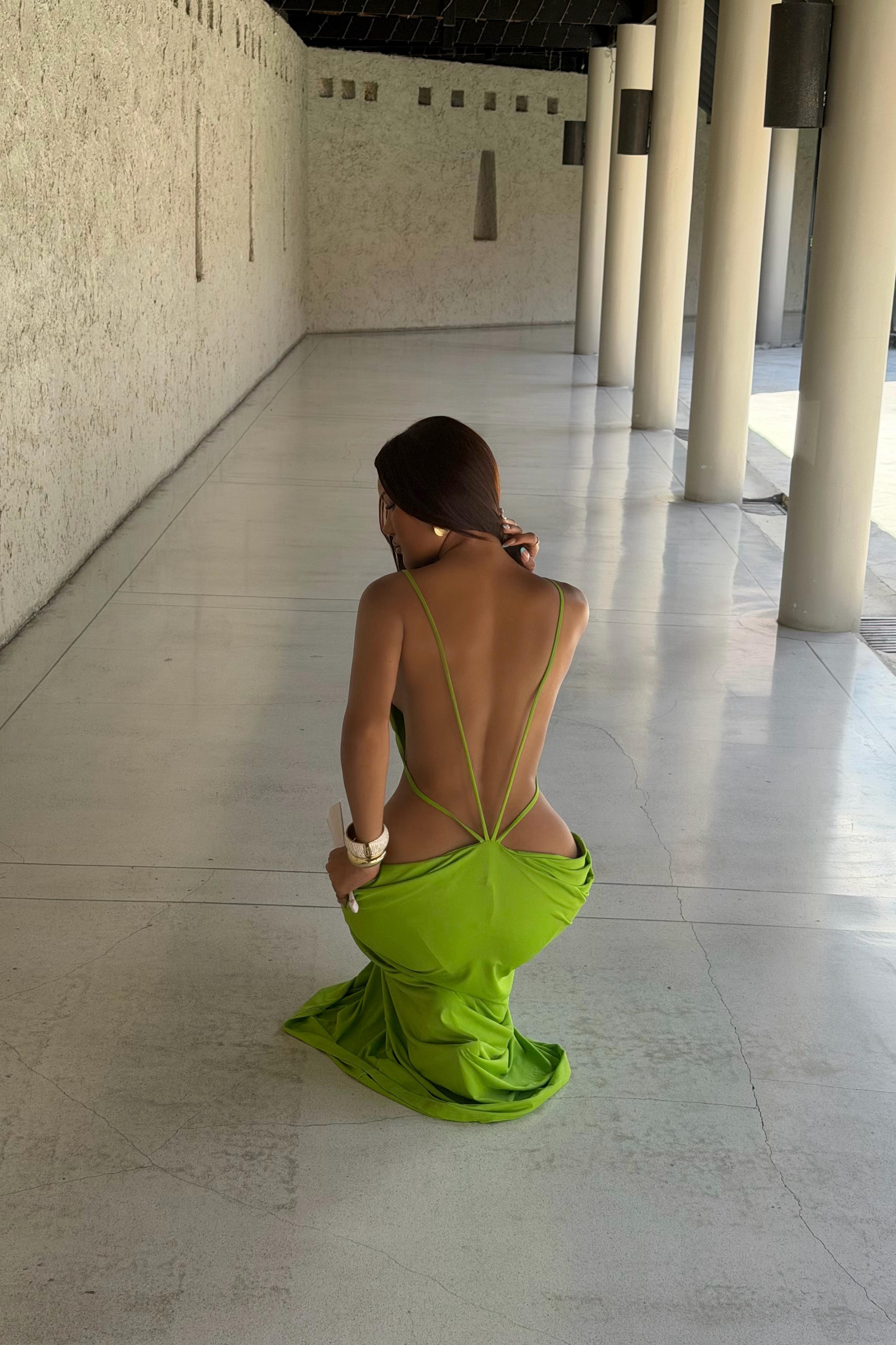 Reinee Backless Cutout Draped Maxi Dress In Chartreuse