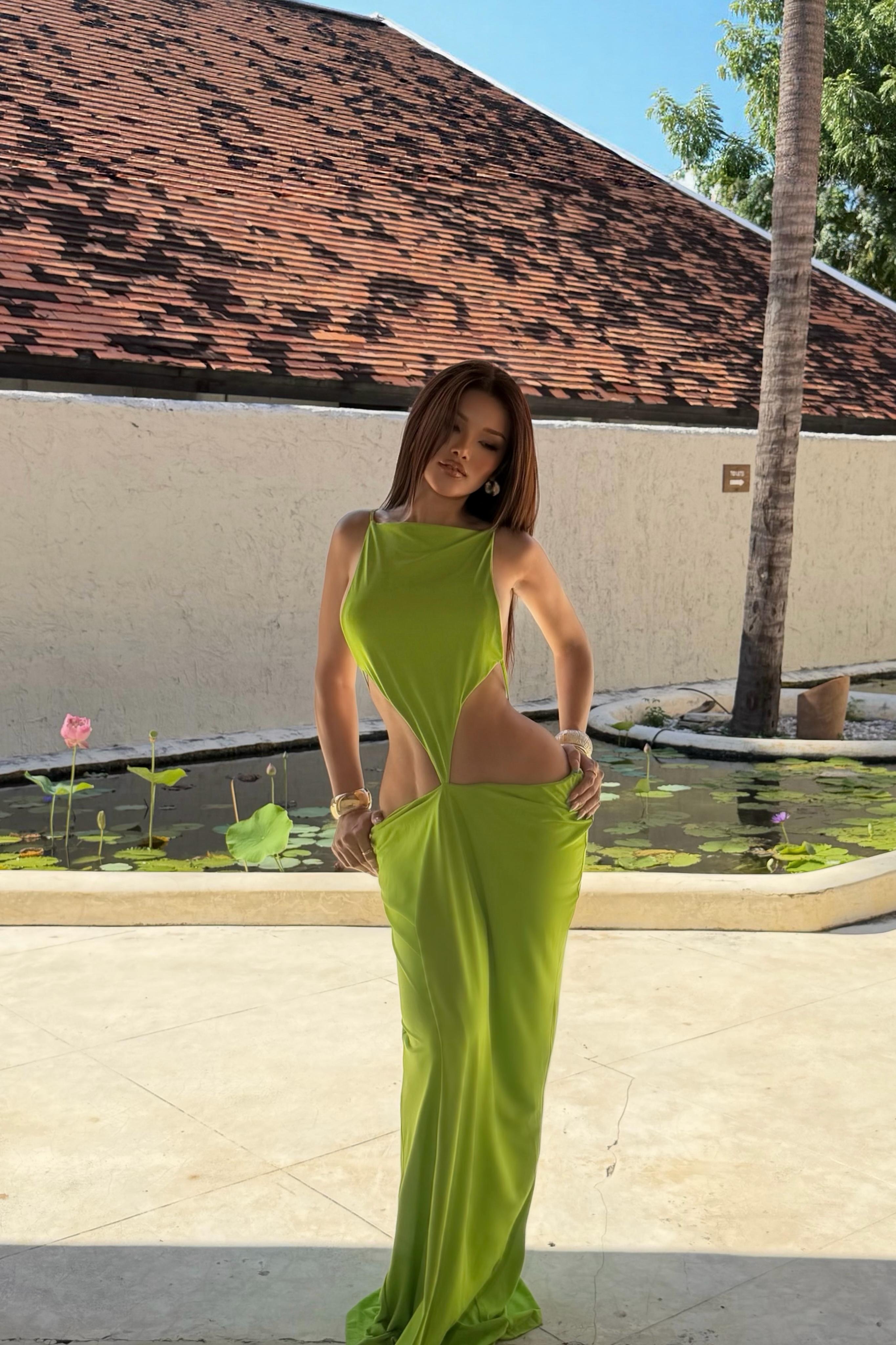 Reinee Backless Cutout Draped Maxi Dress In Chartreuse