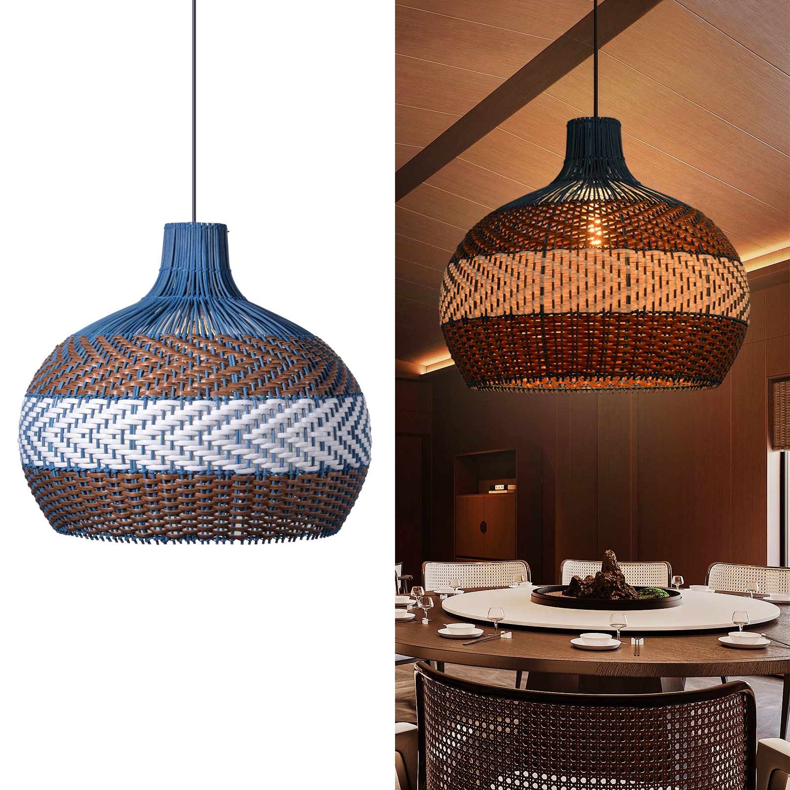 Courtland Blue Rattan Pendant Light for Kitchen Dining Room