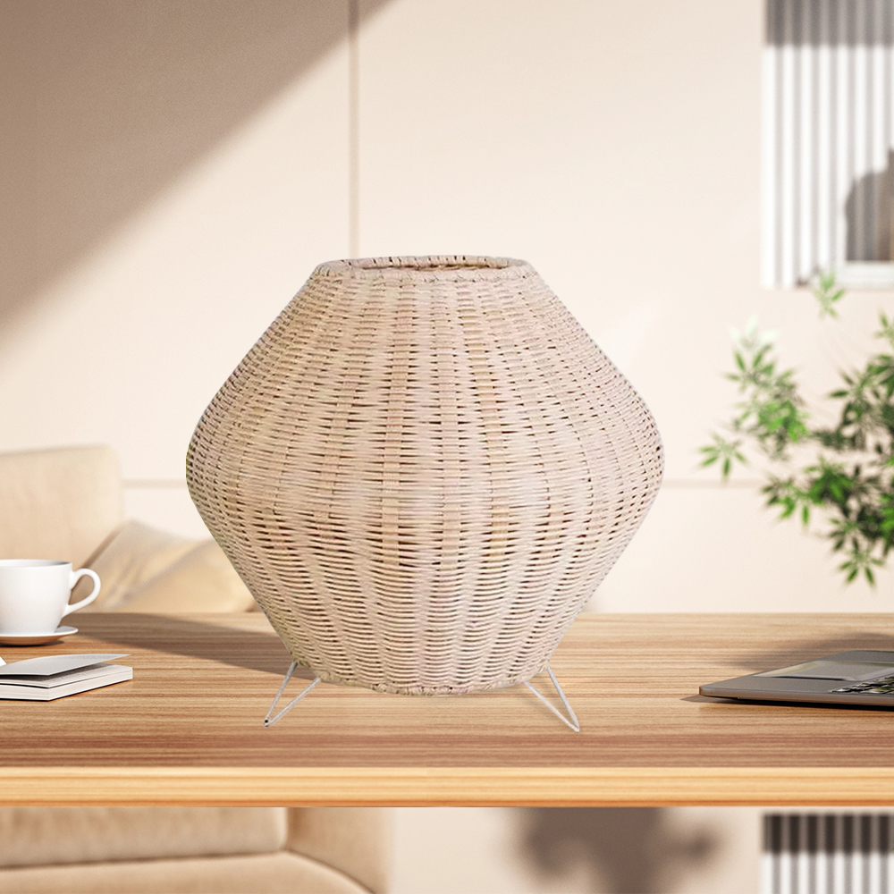 Bedside Table Lamp Boho Rustic Plug-In Rattan Woven Basket Desk Light