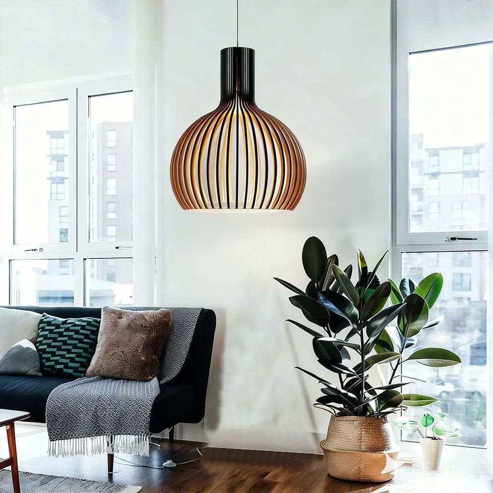 Japandi Boho Bamboo Pendant Light Handwoven Wood Dome Hanging Lamp