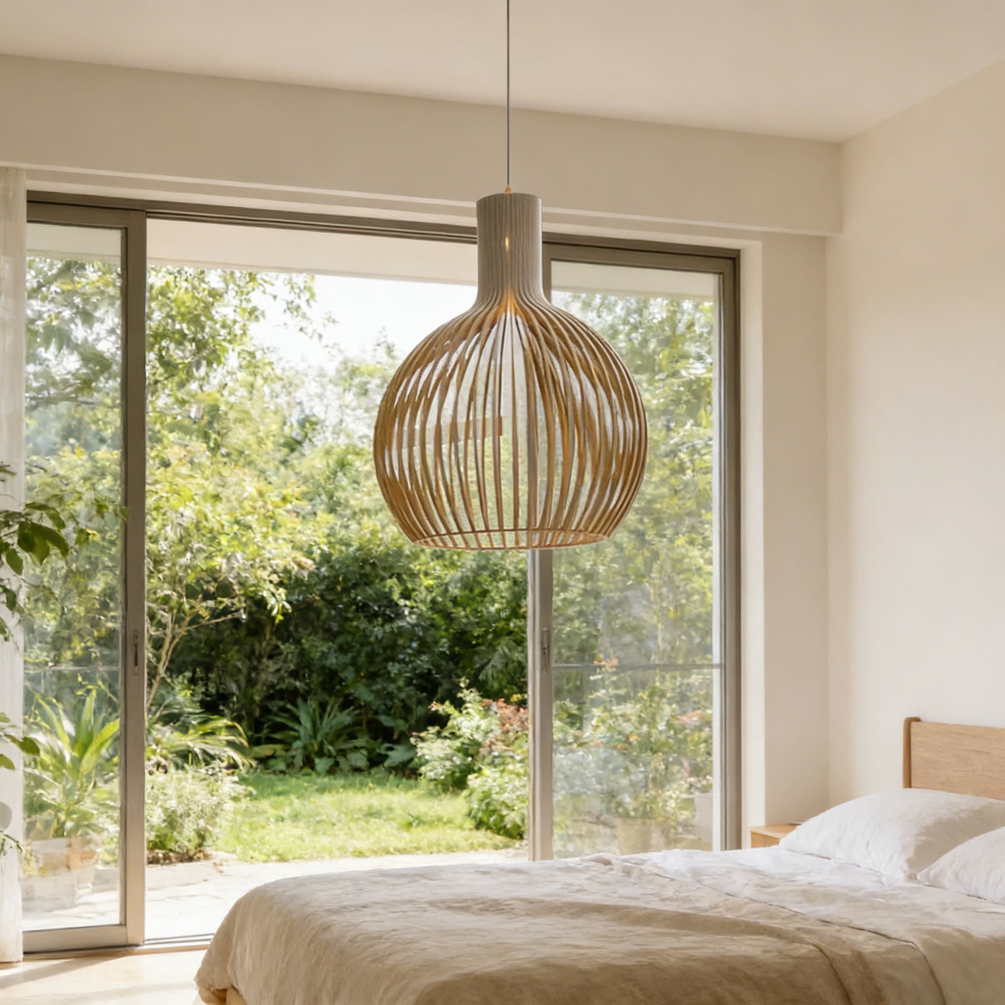 Japandi Boho Bamboo Pendant Light Handwoven Wood Dome Hanging Lamp