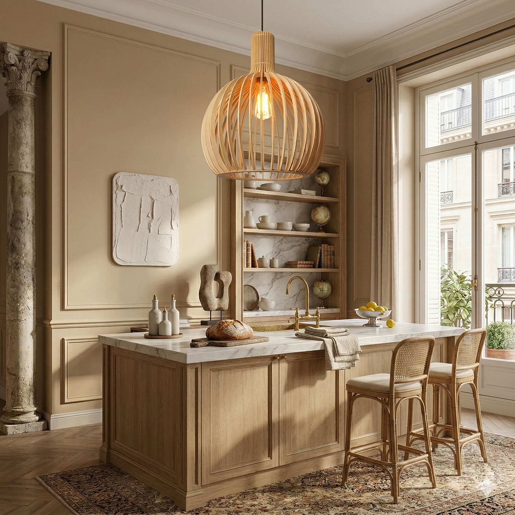 Japandi Boho Bamboo Pendant Light Handwoven Wood Dome Hanging Lamp