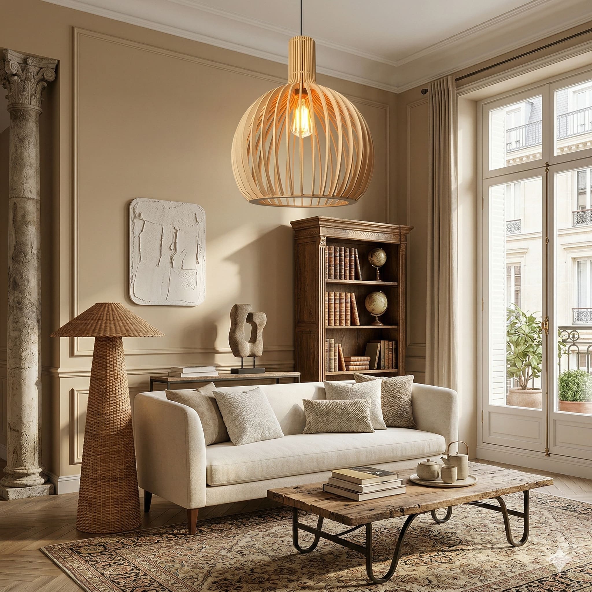 Japandi Boho Bamboo Pendant Light Handwoven Wood Dome Hanging Lamp