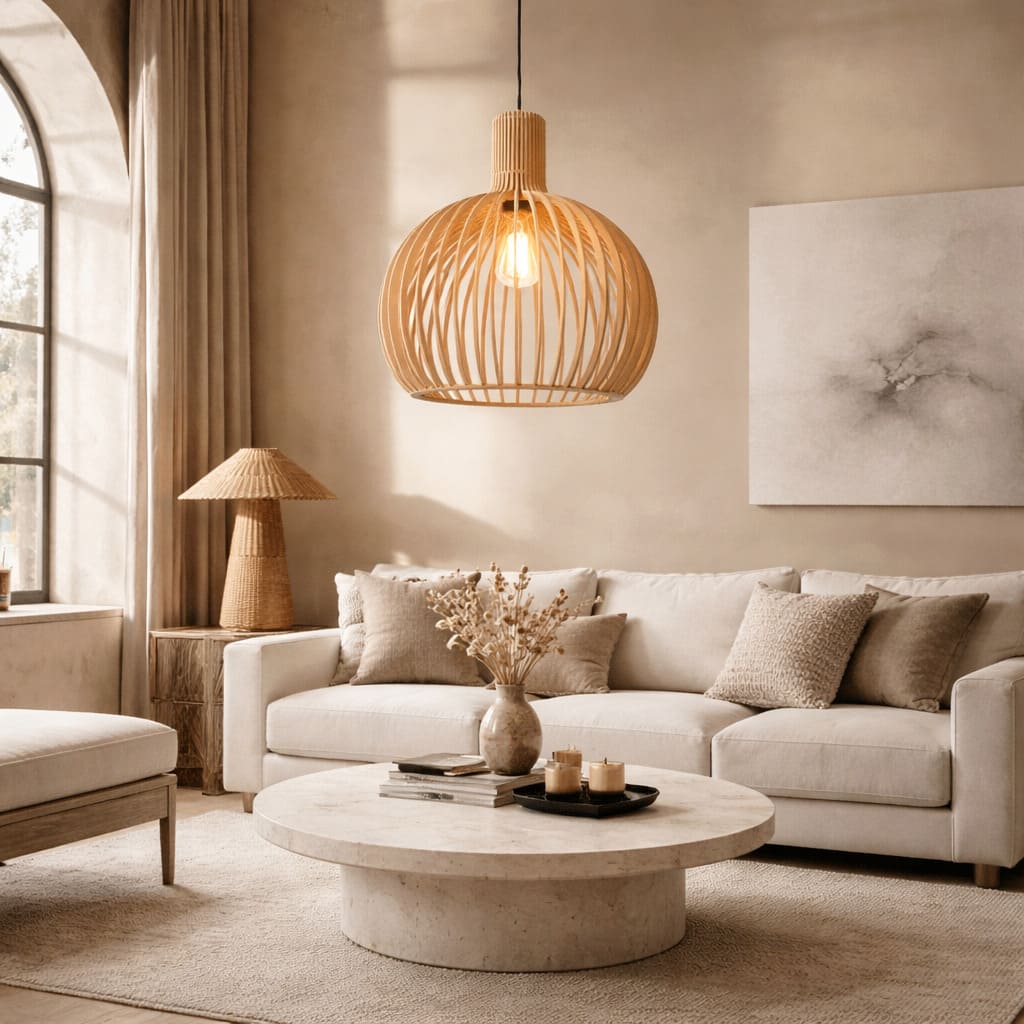 Japandi Boho Bamboo Pendant Light Handwoven Wood Dome Hanging Lamp