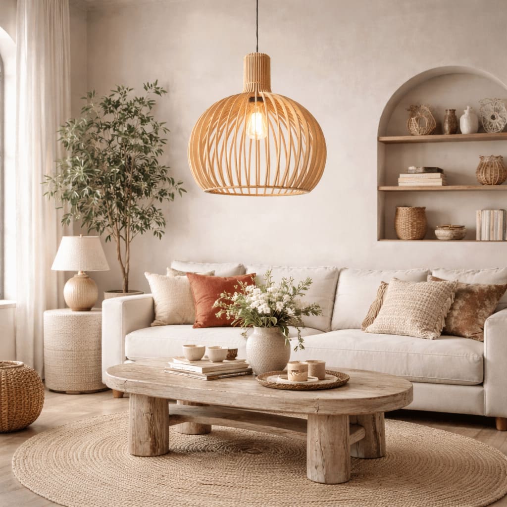 Japandi Boho Bamboo Pendant Light Handwoven Wood Dome Hanging Lamp