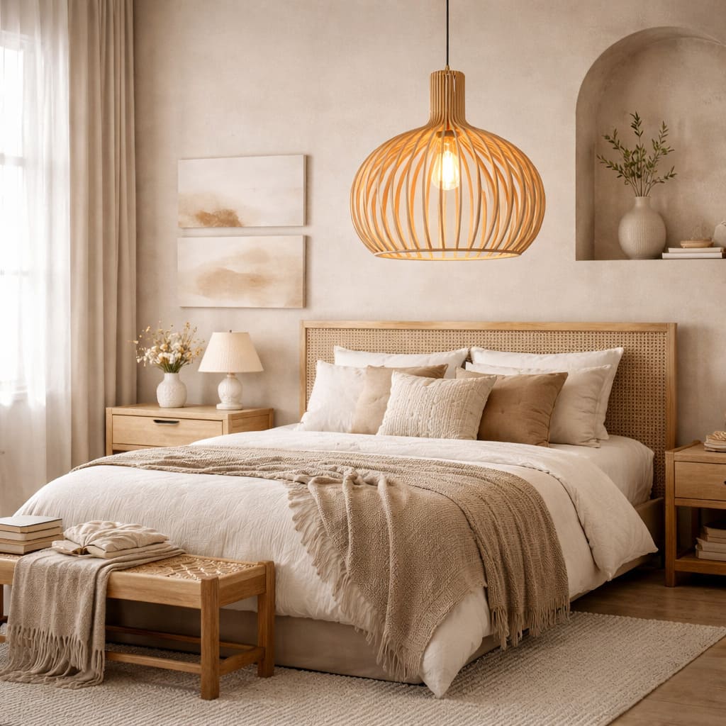 Japandi Boho Bamboo Pendant Light Handwoven Wood Dome Hanging Lamp