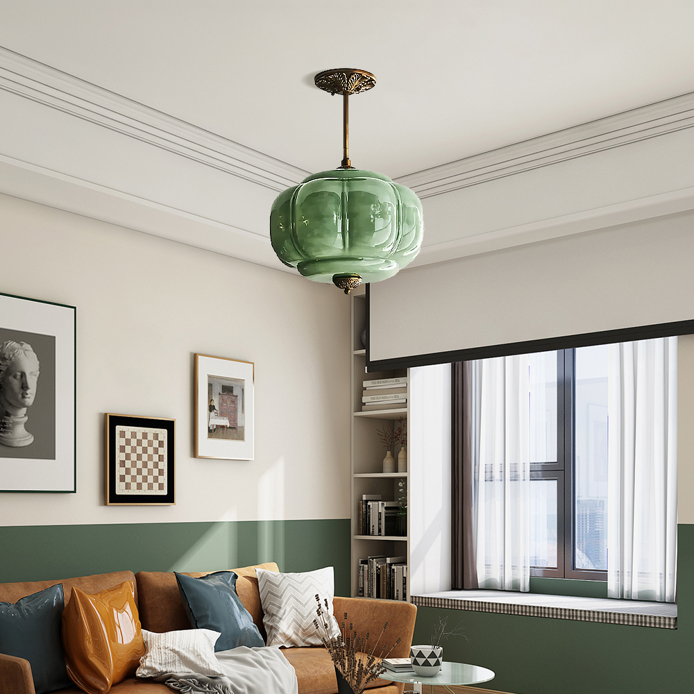 Medieval Vintage Entrance Flush Mount Lamp Simple Pumpkin Glass Pendant Light