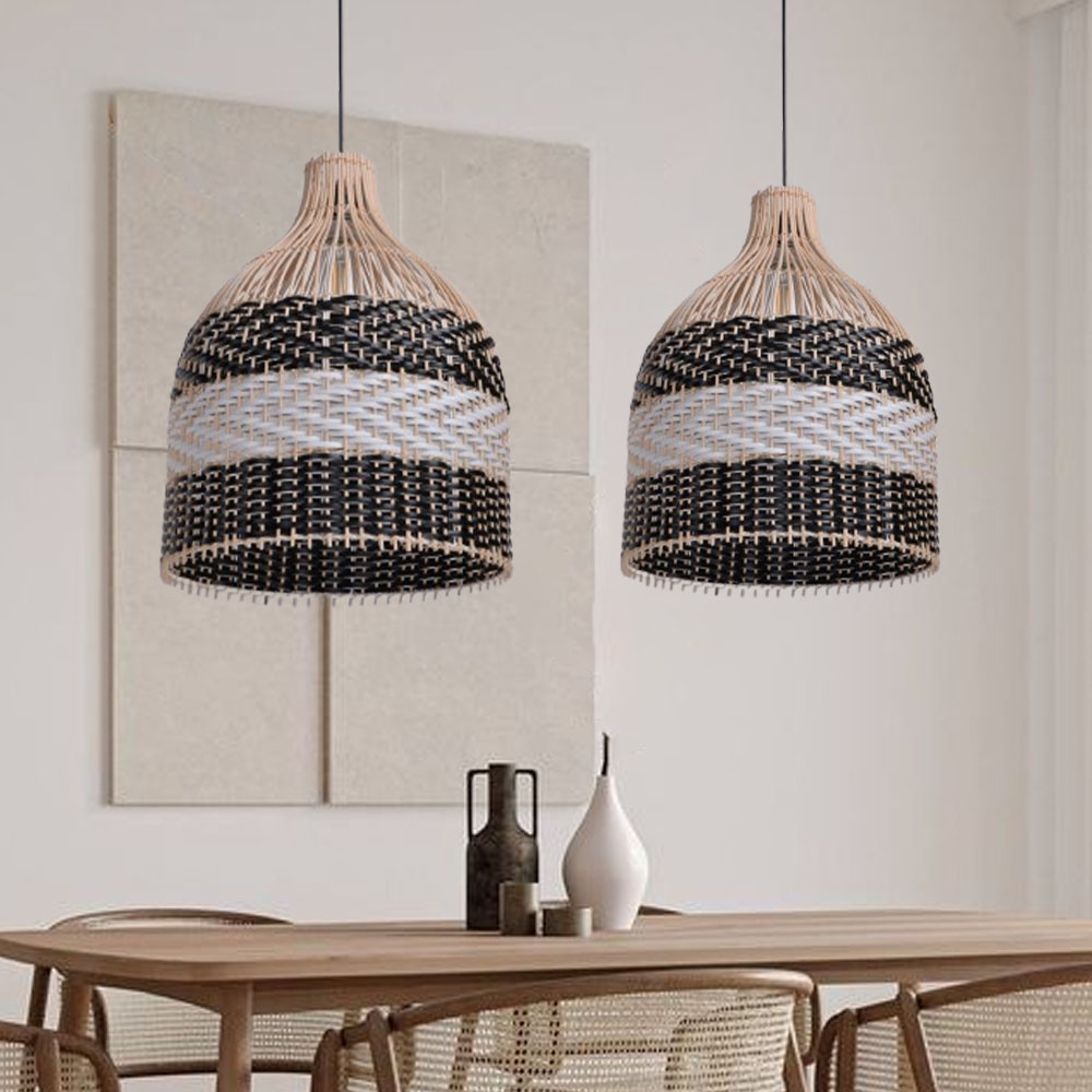 Modern Boho Two-Tone Rattan Pendant Light Handwoven Wicker Bell Hanging Lamp for Kitchen Island Bar & Coastal Home Decor