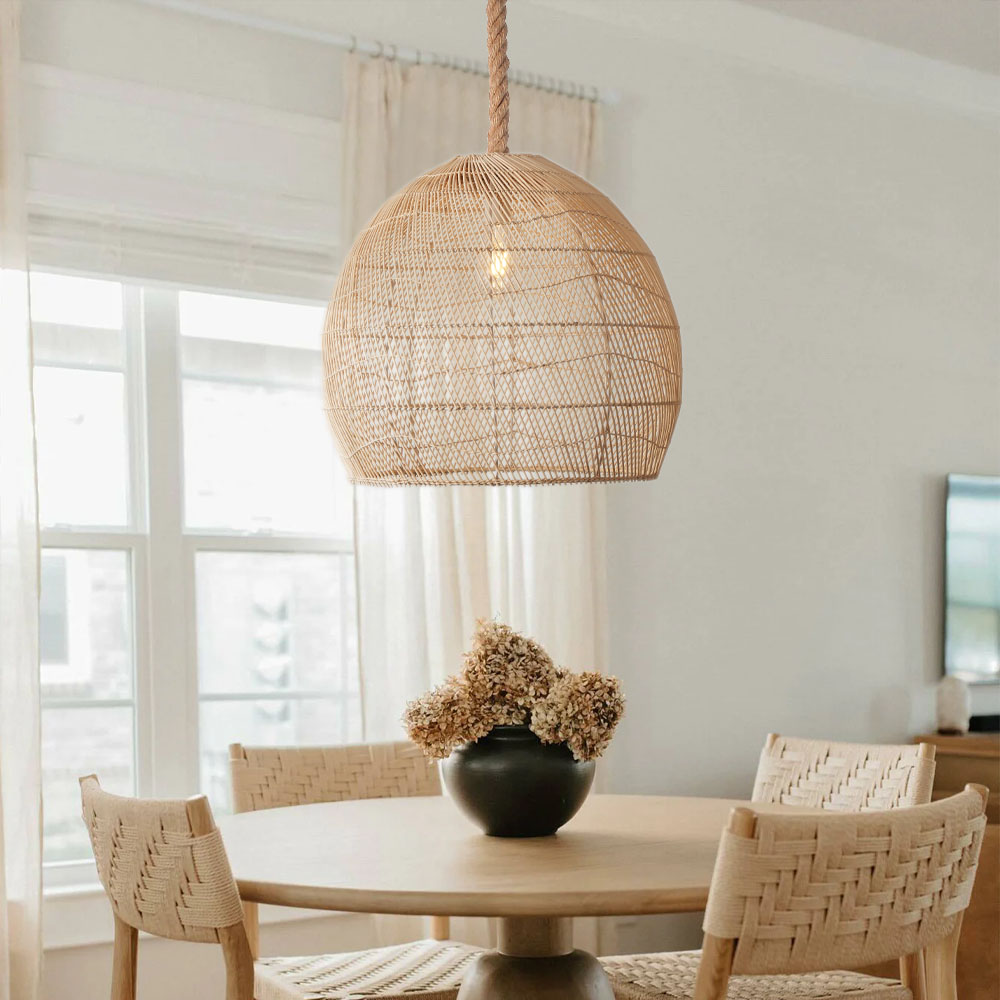 Rattan Pendant Light | Boho Woven Hanging Lamp for Dining Room & Kitchen