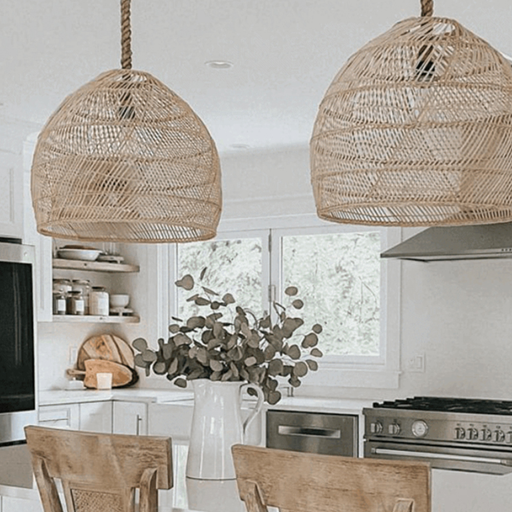 Japandi Rattan Lampshade Hand Wicker Chandelier for Kitchen Dining Room