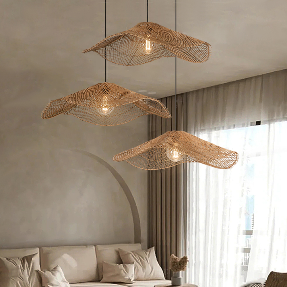 Handwoven Straw Hat Restaurant Pendant Light Wabi-sabi Style Rattan Chandelier