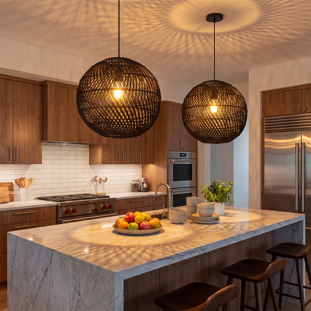 Kitchen Island Spherical Black Rattan Lighting Fixture High-Quality Indoor Wicker Lamp