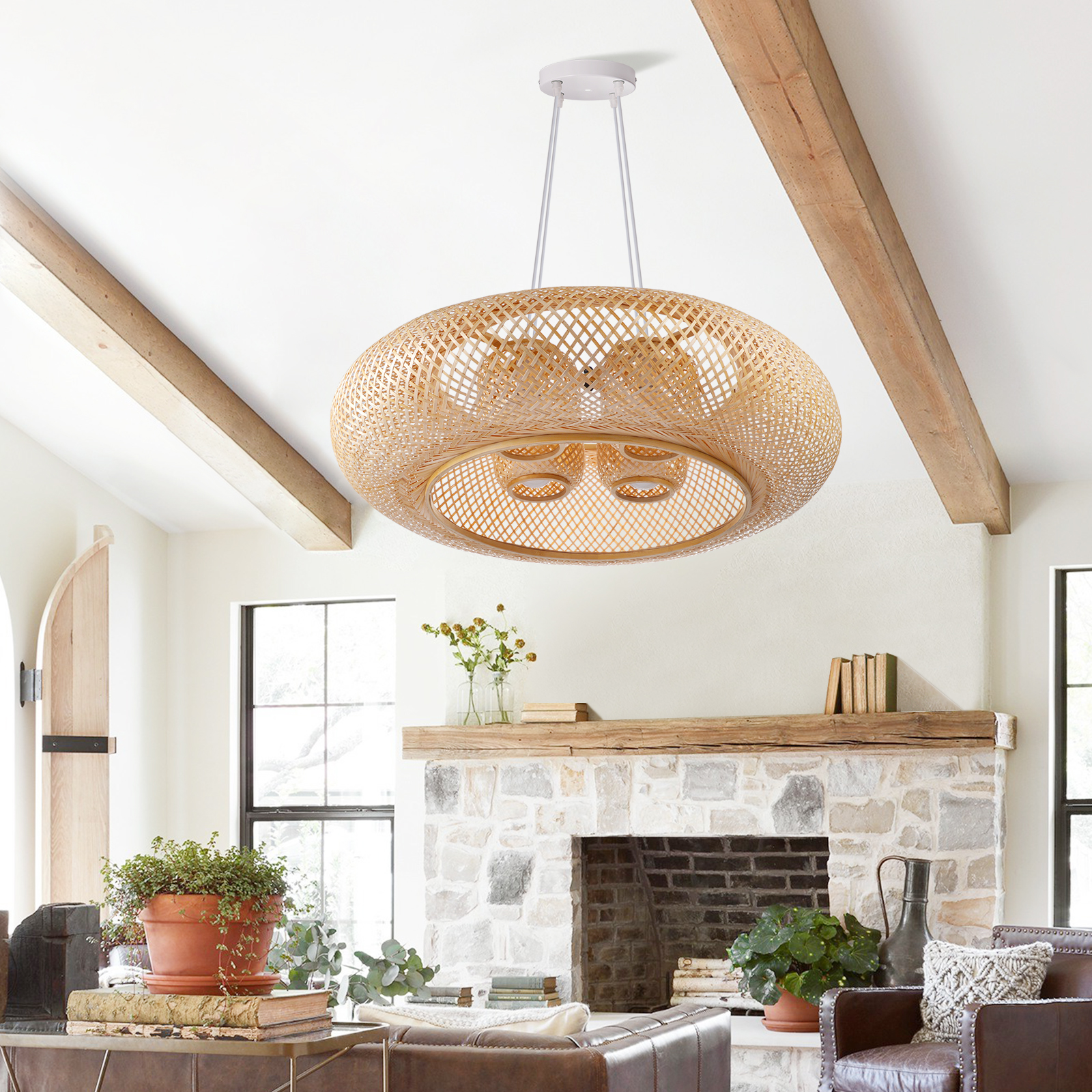 4-Bulb Woven Bamboo Pendant Lamp for Living Room