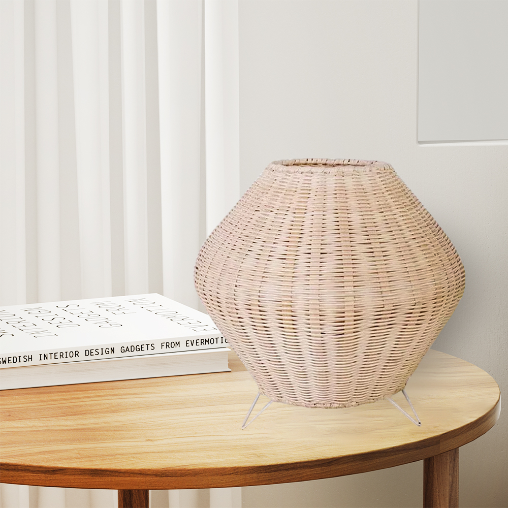 Bedside Table Lamp Boho Rustic Plug-In Rattan Woven Basket Desk Light