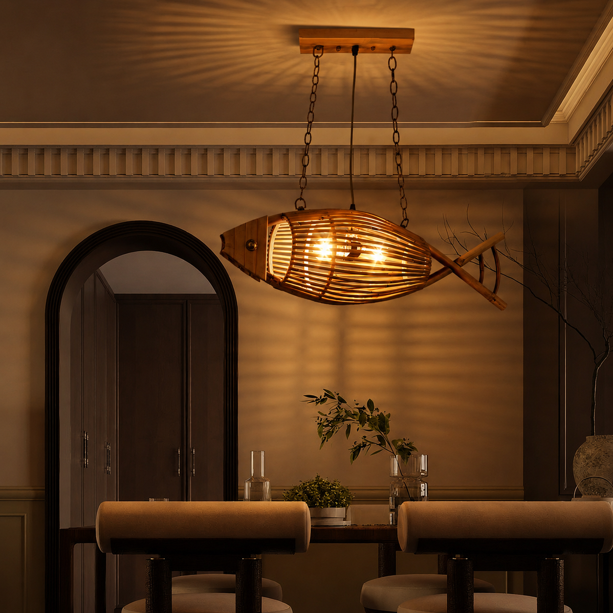 Handcrafted Rattan Fish Pendant Light Coastal Dining Room Living Room Hanging Chandelier