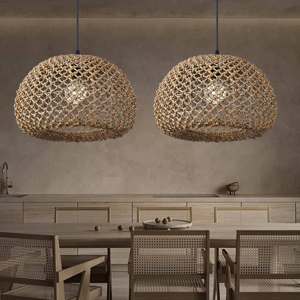 Wabi-sabi Macrame Seagrass Pendant Light for Dining Area Living Room