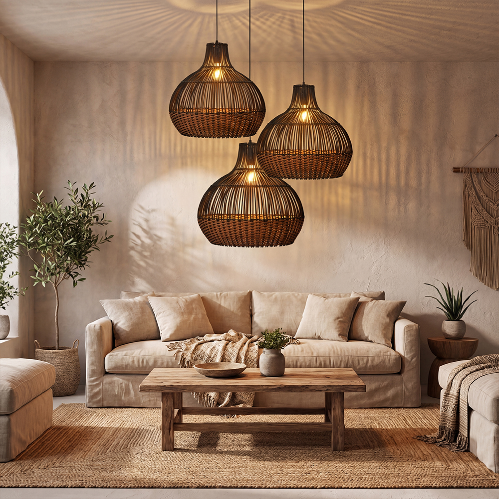 Cozy Ambient Glow Black Rattan Hanging Light for Living Room