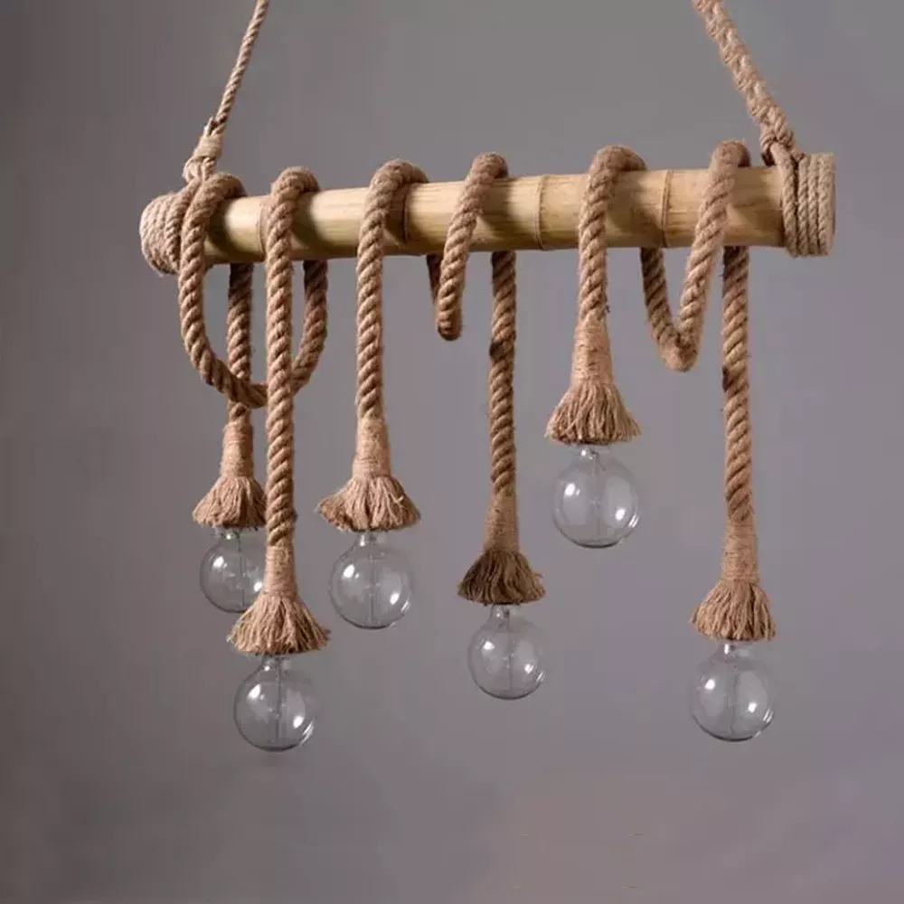 Edison Retro Chandelier Vintage Bamboo Hemp Rope Pendant Lamp
