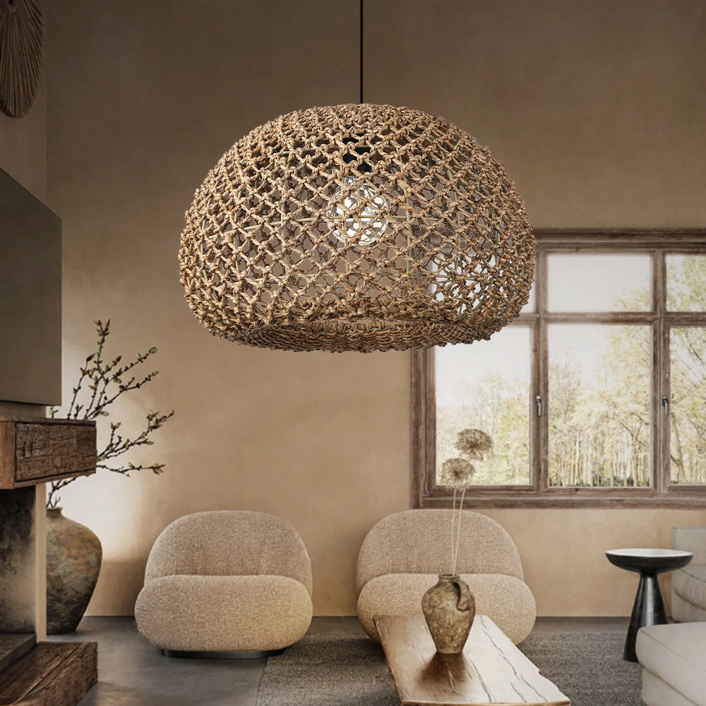 Wabi-sabi Macrame Seagrass Pendant Light for Dining Area Living Room