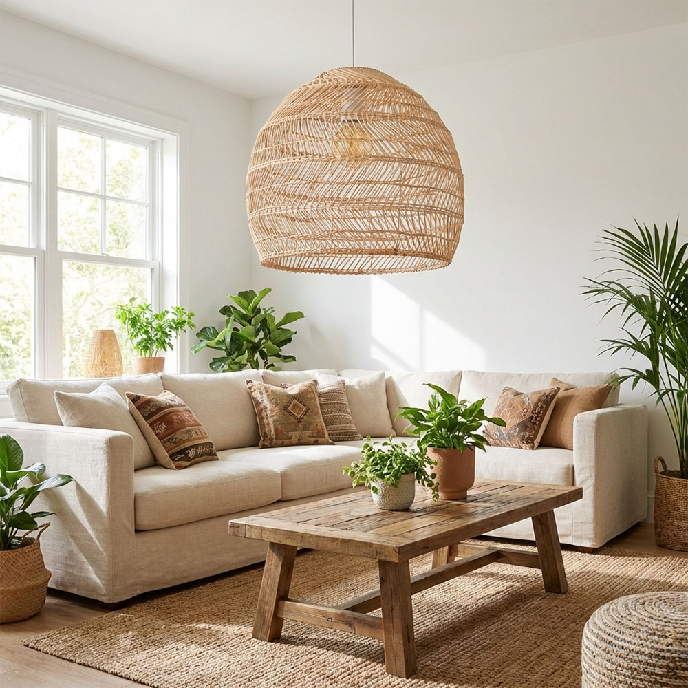 Natural Rattan Dome Pendant Light  Wicker Hanging Lamp for Cozy Living Room Dining Room