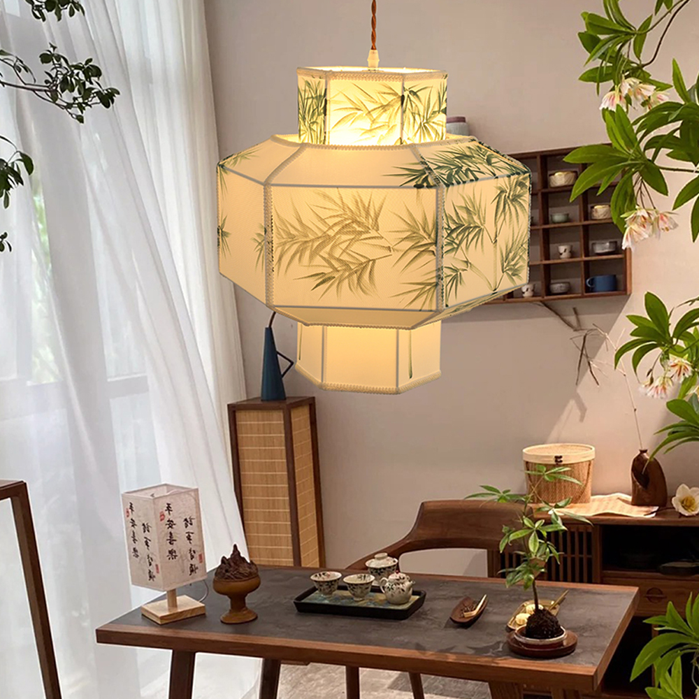 Japandi Style Bamboo Pattern Lantern Chandelier Restaurant Zen tea room Lampshade