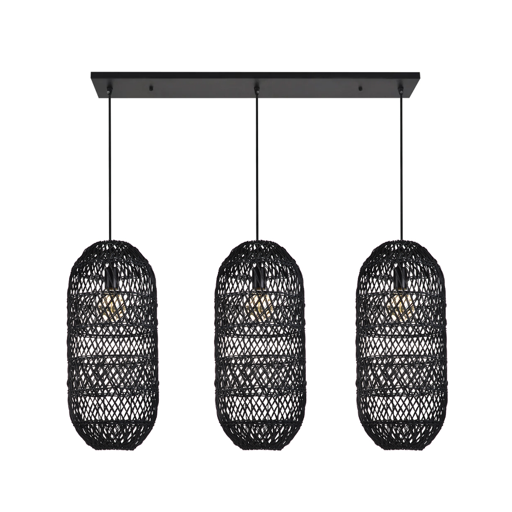 Boho Style Black Rattan Chandelier Natural Wicker Handmade Lampshade
