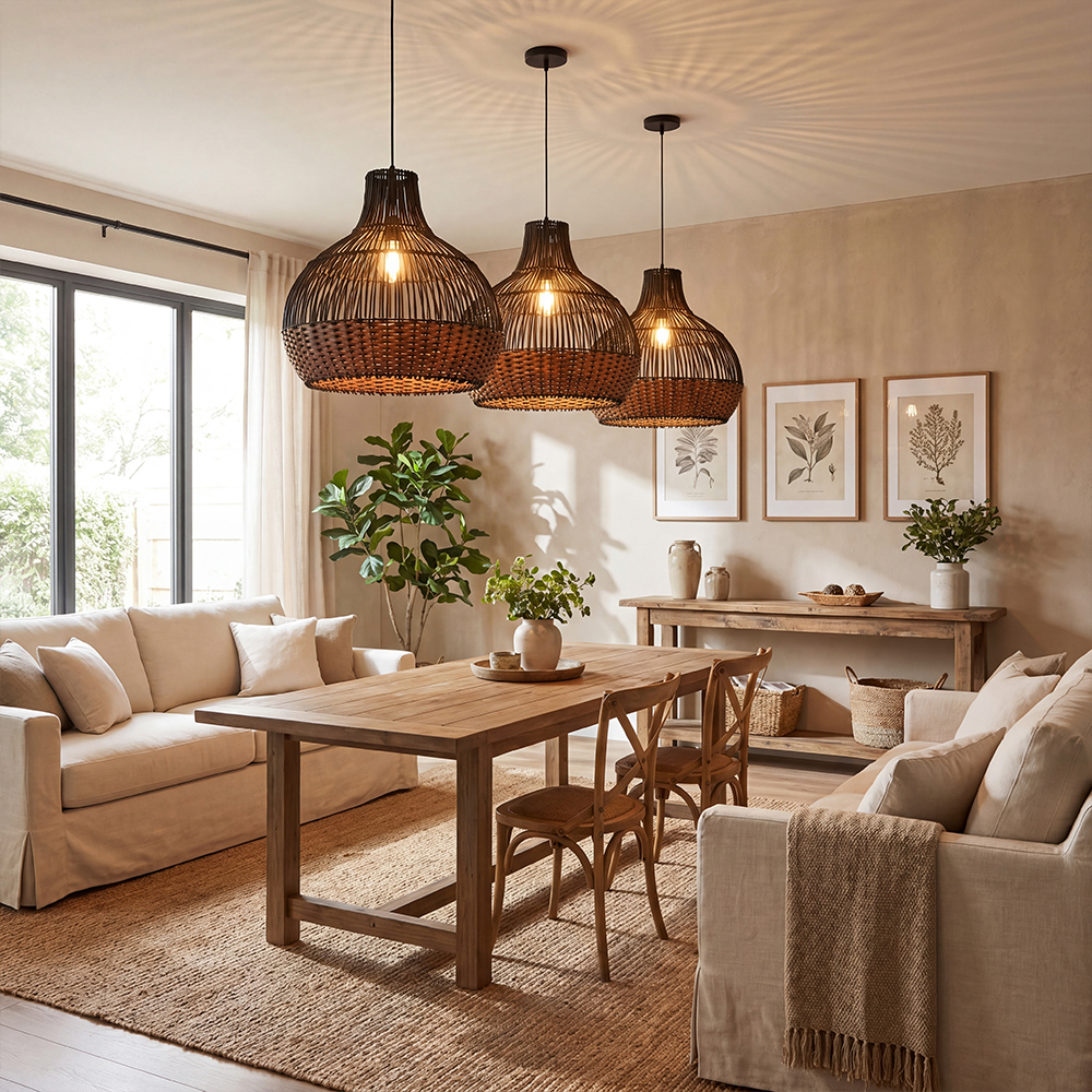 Cozy Ambient Glow Black Rattan Hanging Light for Living Room