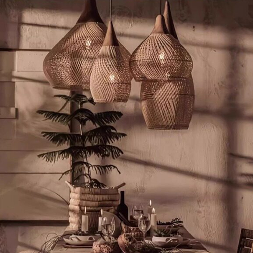 Rattan Pendant Light Wabi Sabi Style Retro Dining Room Chandelier