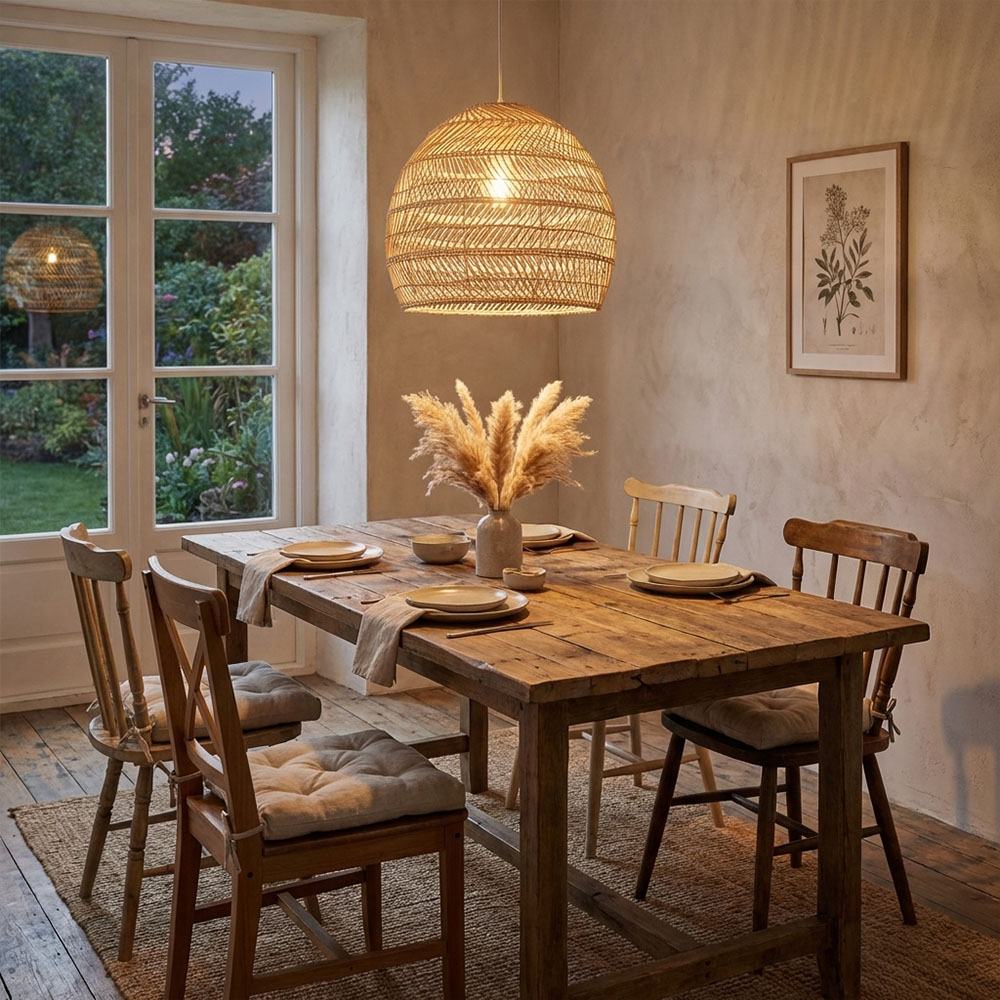 Natural Rattan Dome Pendant Light  Wicker Hanging Lamp for Cozy Living Room Dining Room