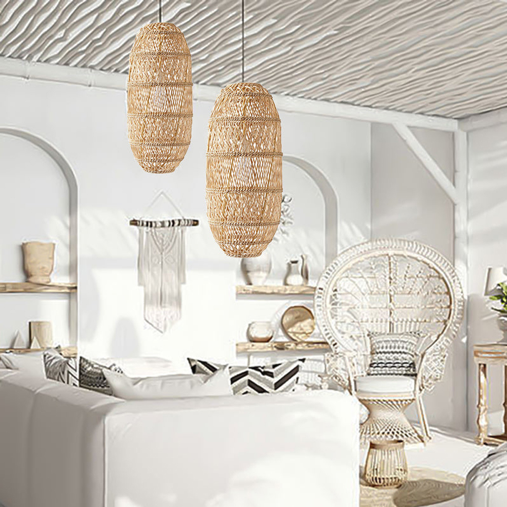 Boho Coastal Luxe Rattan Wicker Pendant Light Modern Farmhouse Lampshade for Sustainable Decor