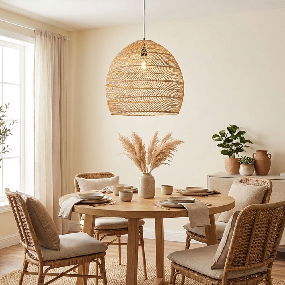 Natural Rattan Dome Pendant Light  Wicker Hanging Lamp for Cozy Living Room Dining Room
