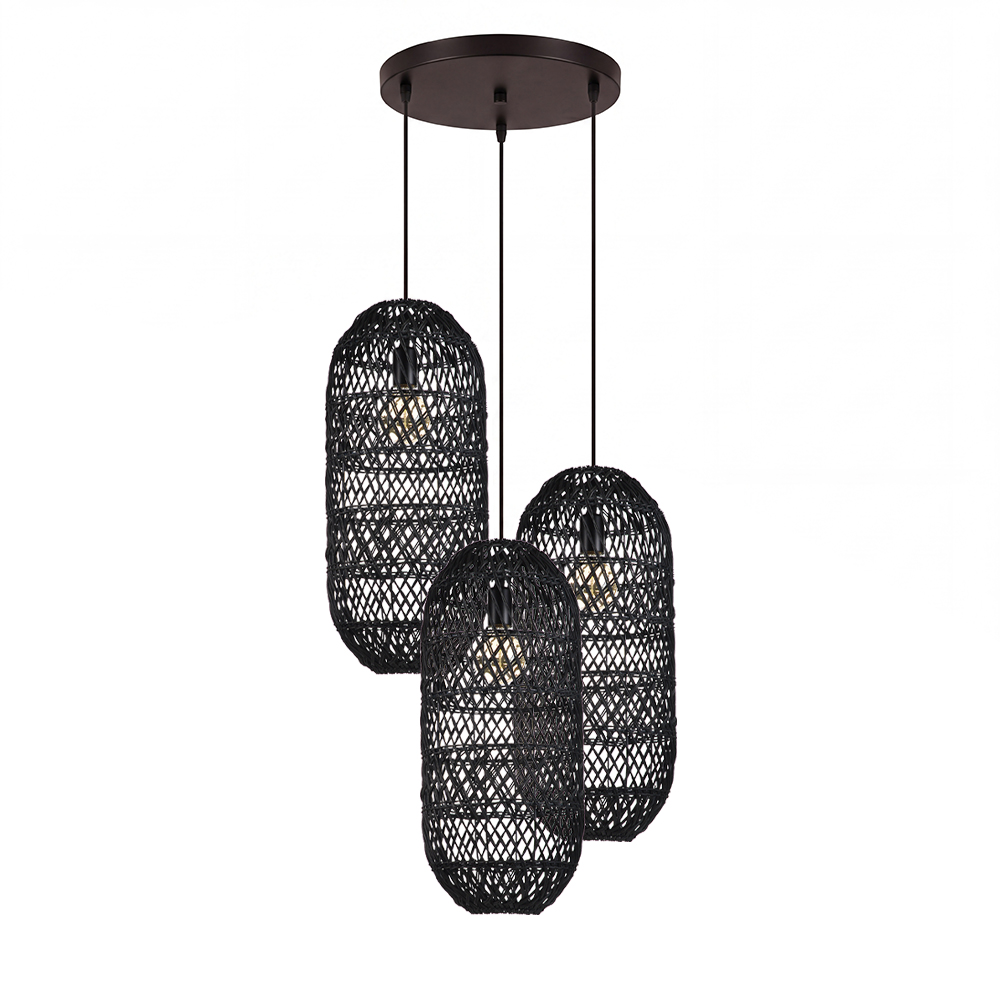Boho Style Black Rattan Chandelier Natural Wicker Handmade Lampshade