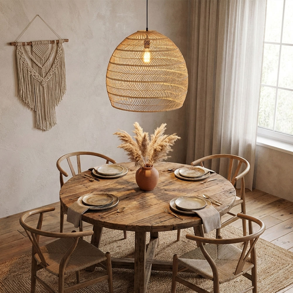 Natural Rattan Dome Pendant Light  Wicker Hanging Lamp for Cozy Living Room Dining Room