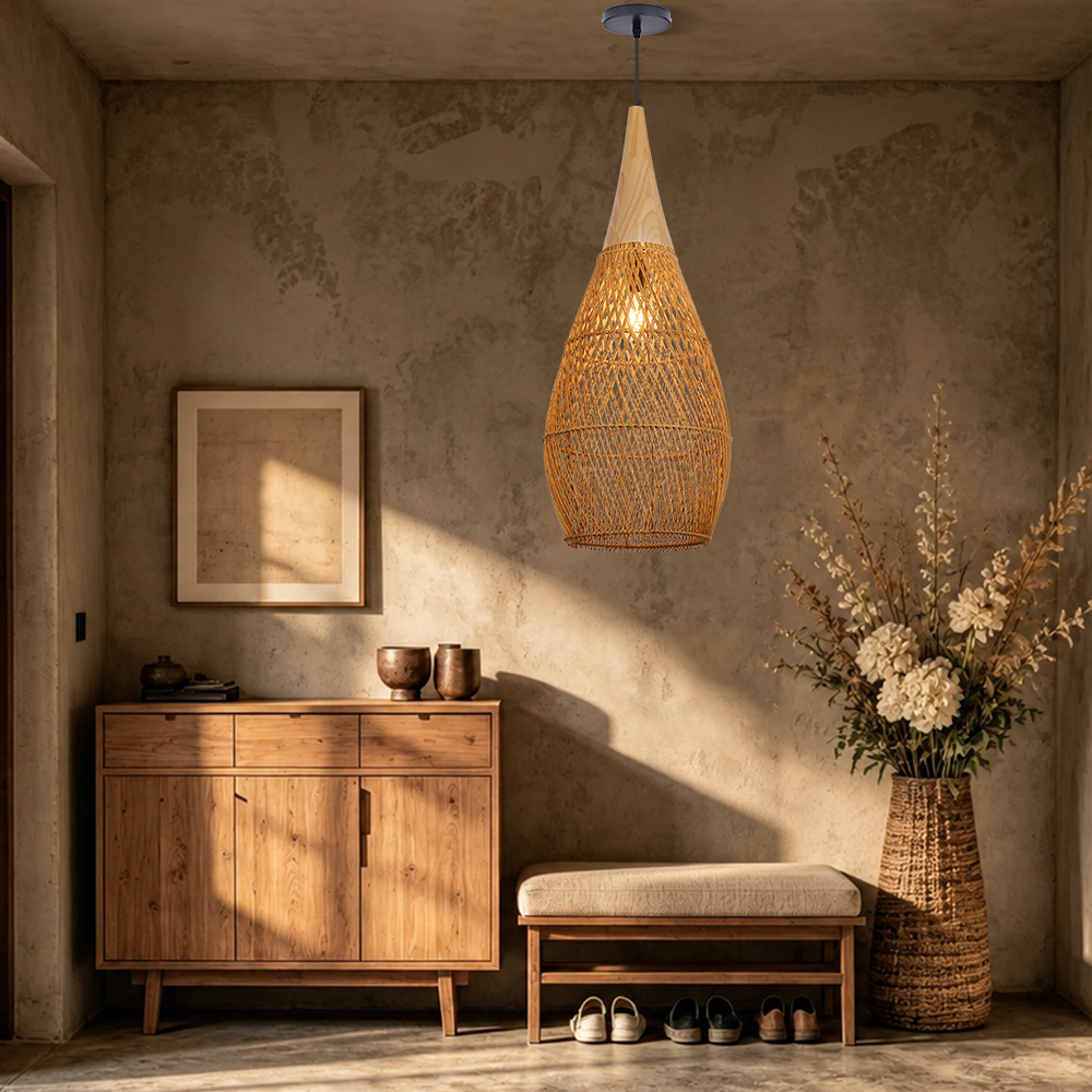 Rattan Pendant Light Wabi Sabi Style Retro Dining Room Chandelier
