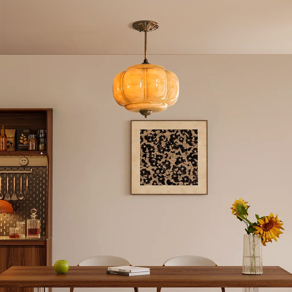 Medieval Vintage Entrance Flush Mount Lamp Simple Pumpkin Glass Pendant Light