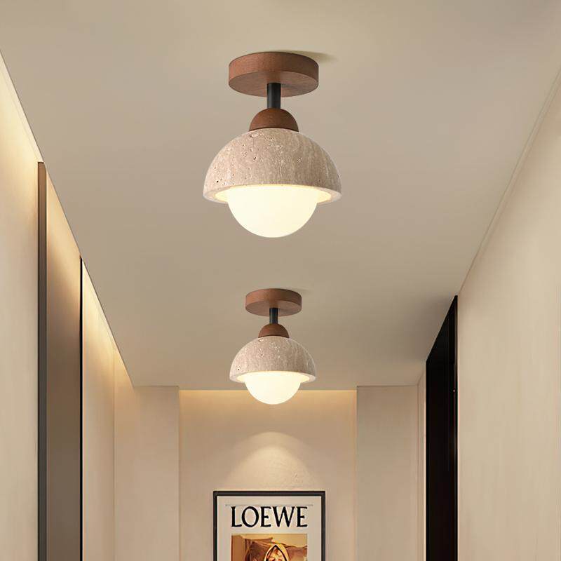 Japanese Mid-Century Retro Yellow Travertine Mini Ceiling Light Entryway Hallways Flush Mount Lamp