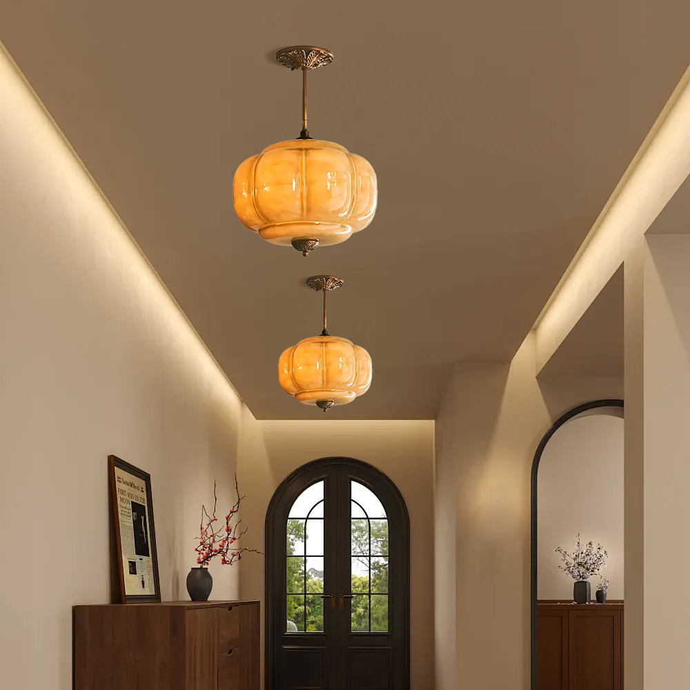 Medieval Vintage Entrance Flush Mount Lamp Simple Pumpkin Glass Pendant Light