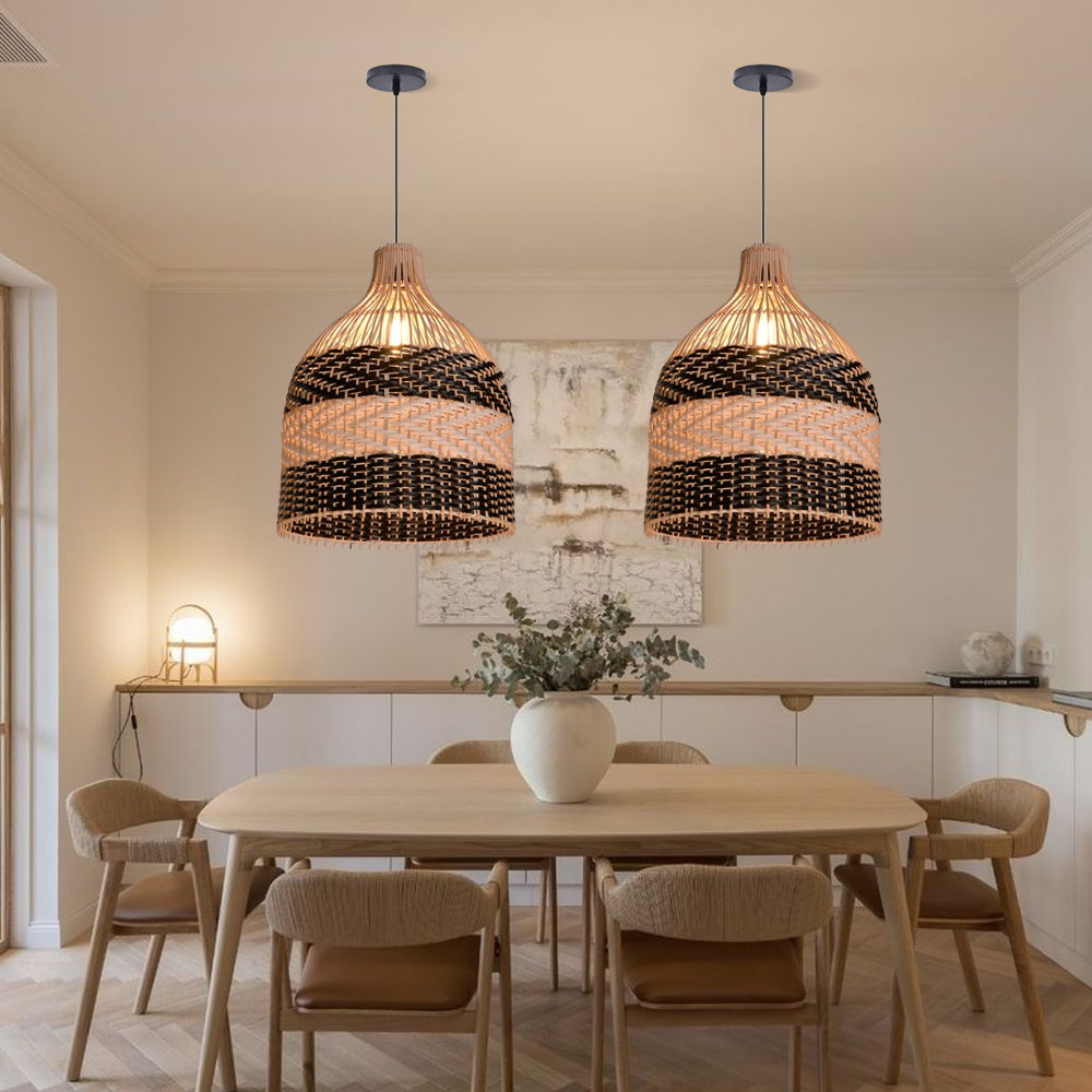 Modern Boho Two-Tone Rattan Pendant Light Handwoven Wicker Bell Hanging Lamp for Kitchen Island Bar & Coastal Home Decor