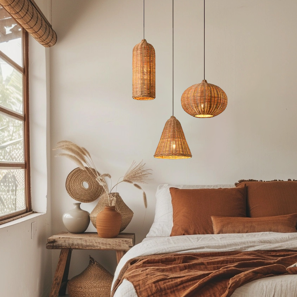 Wabi-sabi Style Creative Three-in-one Living Room Lampshade Natural Rattan Cluster Ceiling Light